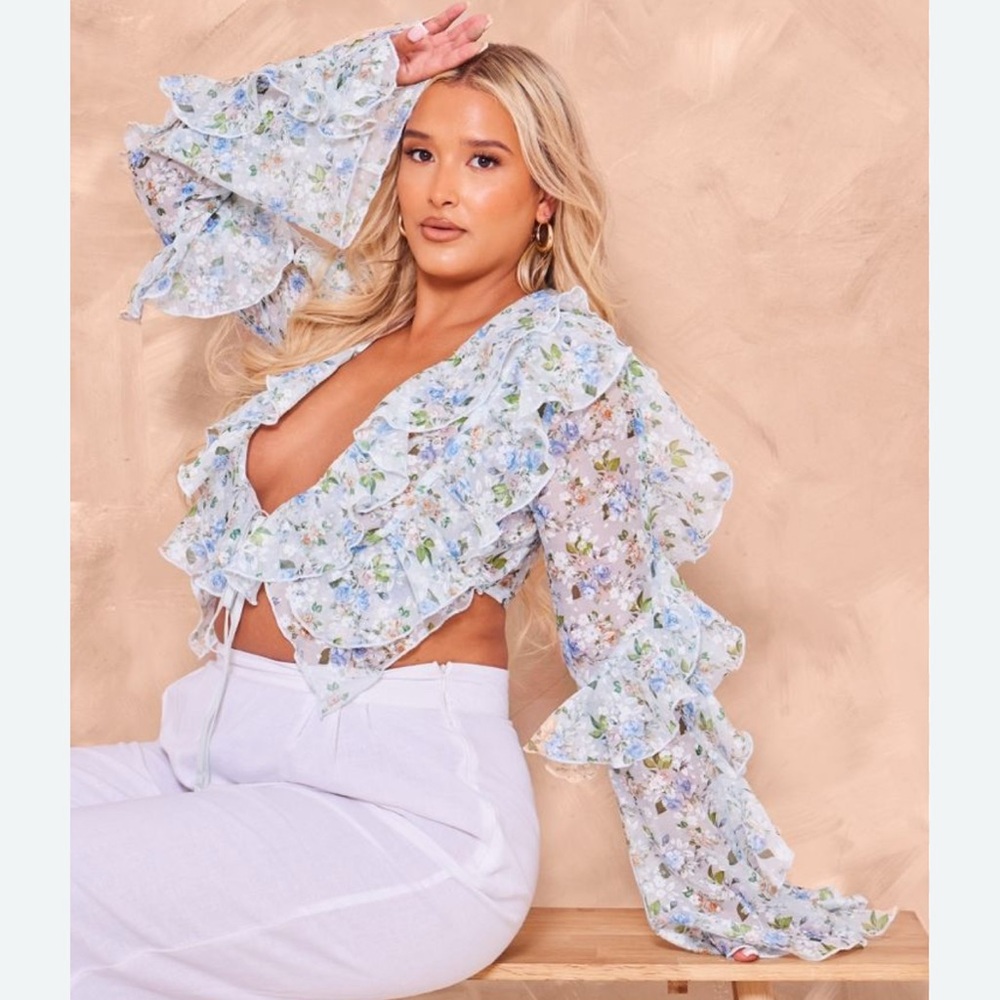 Pretty little thing Floral Ruffle Blouse - Blue